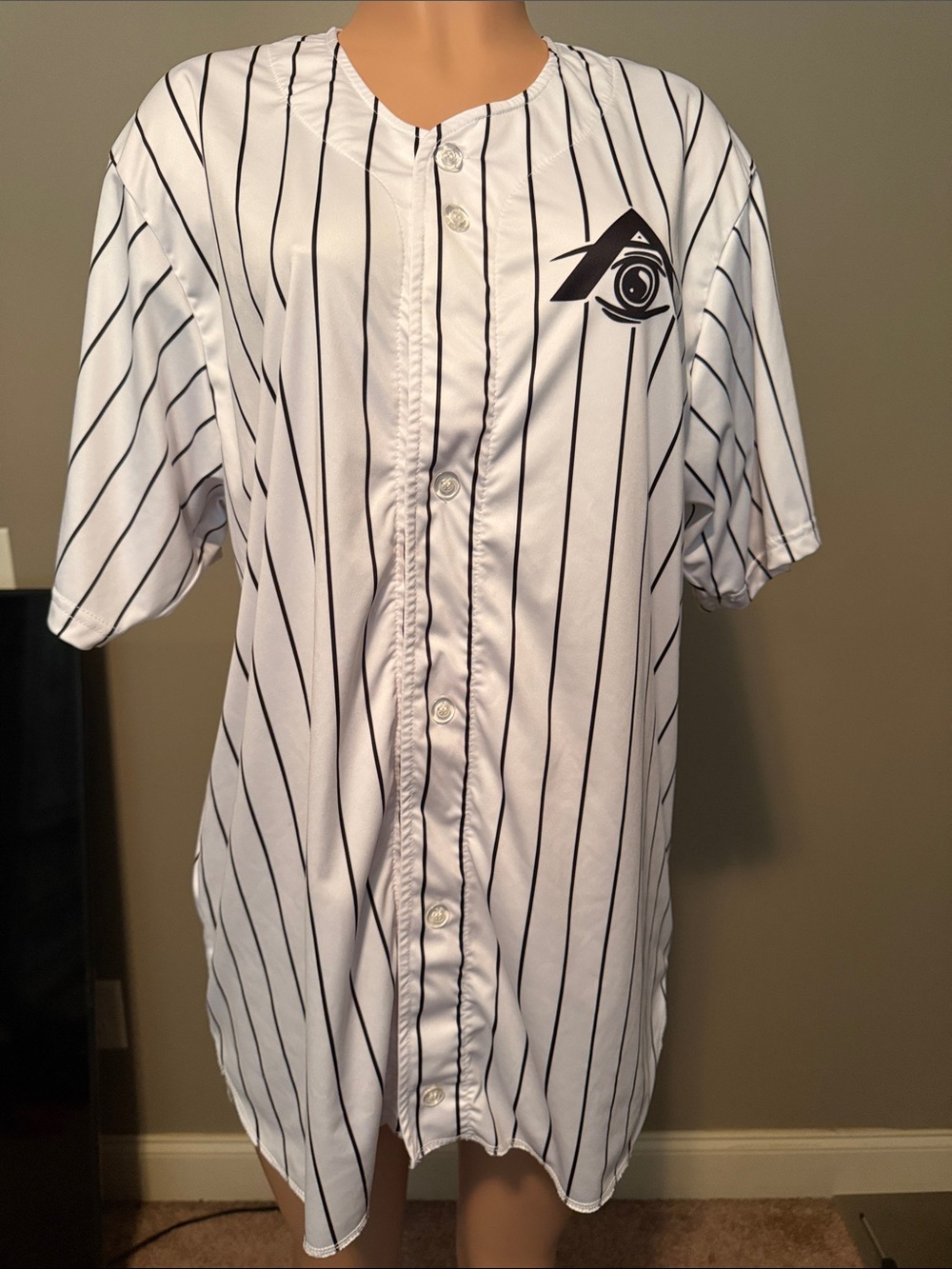 Men's White Pinstripe Baseball Jersey with Eye Logo